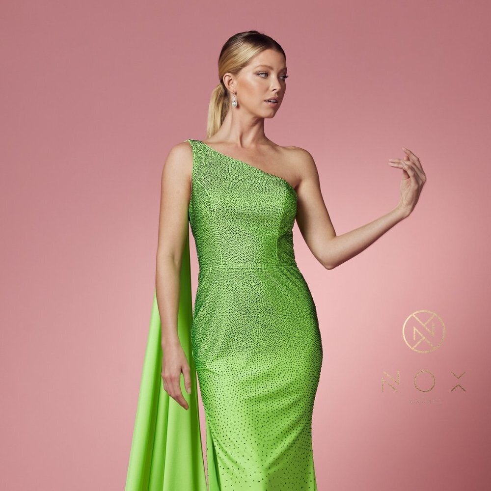 NEW LONG ONE SHOULDER SLEEVELESS EMBROIDERED RHINESTONE DRESS WITH CAPE NX E1039 - Picture 3 of 9